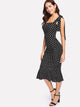 Self Tie Shoulder Polka Dot Ruffle Hem Dress