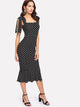 Self Tie Shoulder Polka Dot Ruffle Hem Dress