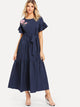 Floral Embroidered Self Belted Tiered Maxi Dress