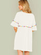 Pompom Trim Flounce Sleeve Smock Dress