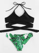 Criss Cross Tie Back Top With Tropical Print Bikini