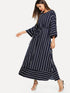 Vertical Striped Drawstring Waist Maxi Dress