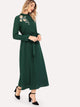 Flower Embroidered Mock Neck Belted Maxi Dress