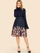 50s Frill Neck Self Belt Flared Floral Dress