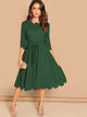 Scallop Trim Belted Flare Dress
