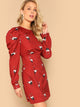 Gigot Sleeve Slit Back Crane Print Dress