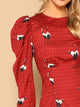 Gigot Sleeve Slit Back Crane Print Dress