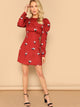 Gigot Sleeve Slit Back Crane Print Dress