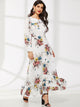 Floral Print Bishop Sleeve Ruffle Hem Dress
