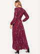 Shirred Drawstring Waist Button Through Floral Dress