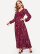 Shirred Drawstring Waist Button Through Floral Dress