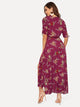 Drawstring Sleeve Split Floral Wrap Maxi Dress