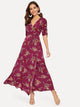 Drawstring Sleeve Split Floral Wrap Maxi Dress