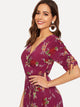 Drawstring Sleeve Split Floral Wrap Maxi Dress