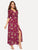 Drawstring Sleeve Split Floral Wrap Maxi Dress