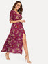 Drawstring Sleeve Split Floral Wrap Maxi Dress