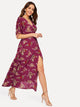 Drawstring Sleeve Split Floral Wrap Maxi Dress