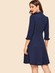 Mock Neck Button Detail Bow Cuff Flare Dress