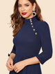 Mock Neck Button Detail Bow Cuff Flare Dress