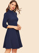 Mock Neck Button Detail Bow Cuff Flare Dress