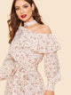 90s Flounce Cutout Shoulder Dot Print Belted Dress