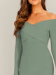  Off Shoulder Cross Over Rib-knit Pencil Dress