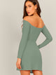  Off Shoulder Cross Over Rib-knit Pencil Dress
