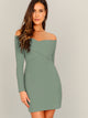  Off Shoulder Cross Over Rib-knit Pencil Dress