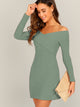  Off Shoulder Cross Over Rib-knit Pencil Dress