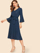 70s Bell Sleeve Pleated Flowy Dress With Belt