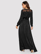 Lace Yoke Ribbon Tie Satin Maxi Dress