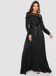Lace Yoke Ribbon Tie Satin Maxi Dress