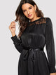 Lace Yoke Ribbon Tie Satin Maxi Dress