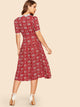 30s Guipure Lace Collar Belted Leaf Print Dress