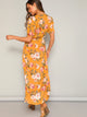 Flower Print Frilled Cuff Wrap Split Maxi Dress