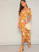 Flower Print Frilled Cuff Wrap Split Maxi Dress