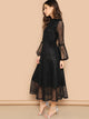 Scallop Mock Neck Sheer Balloon Sleeve Lace Dress