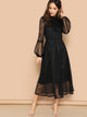 Scallop Mock Neck Sheer Balloon Sleeve Lace Dress