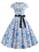 50s Butterfly And Floral Print Belted Dress
