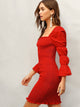 Square Neck Elasticized Sleeve Shirred Dress