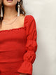 Square Neck Elasticized Sleeve Shirred Dress