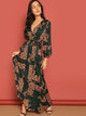 Scarf Print Plunge Belted Maxi Wrap Dress