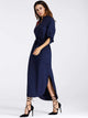 Flower Applique Slit Curved Hem Belted Dress