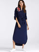 Flower Applique Slit Curved Hem Belted Dress