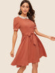 50s Contrast Lace Neck Button Front Belted Dress
