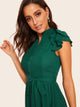 Button Front Layered Ruffle Pleated Dress With Belt