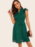 Button Front Layered Ruffle Pleated Dress With Belt