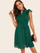 Button Front Layered Ruffle Pleated Dress With Belt