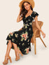 40s Tie Neck Flutter Sleeve Floral Sweetheart Dress