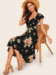 40s Tie Neck Flutter Sleeve Floral Sweetheart Dress